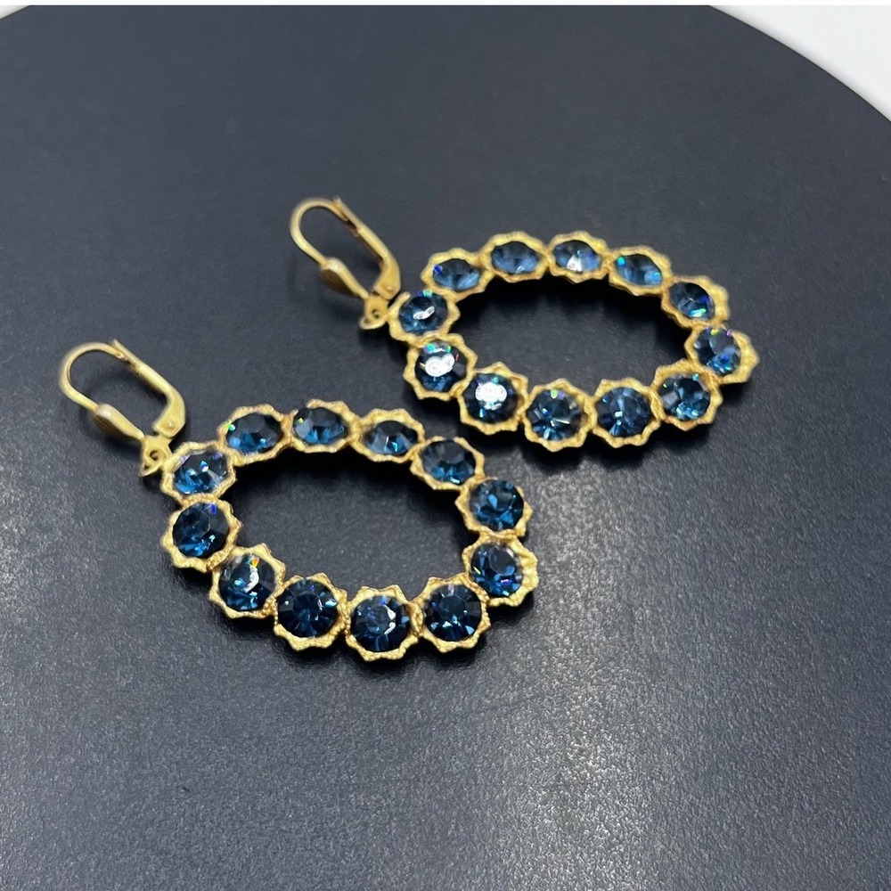 Oval Faceted Blue Crystal Rhinestone Dangle Door Knocker Matte Gold Earrings